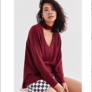 UO Silence + Noise Open-Mock Neck Maroon Sweater